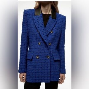 Zara blue tweed blazer with leather trim